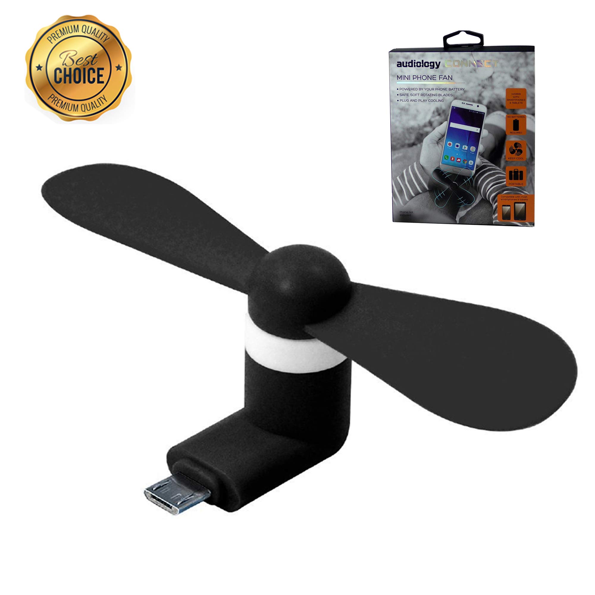 Audiology Portable USB Phone Fan with Micro USB for Cell Phone Samsung Android Smartphones Galaxy S6/Galaxy S7 and Edge/HTC One X/Nokia 5230
