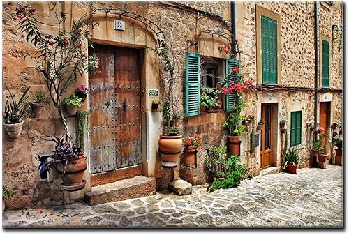 Calles de viejos pueblos mediterráneos con flores ventanas arte de pared pintura impresa en lienzo arquitectura imágenes para decoración del hogar