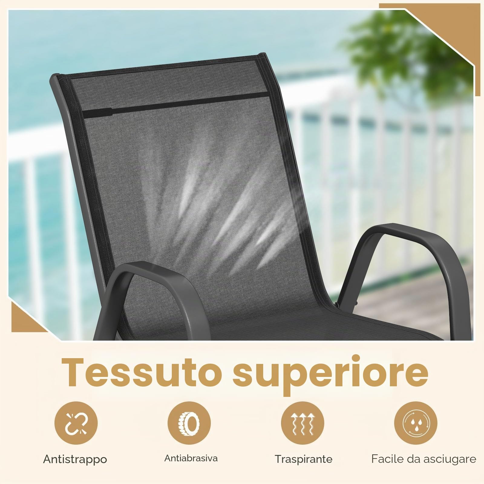 FANTASK Set di 4 sedie da giardino, impilabili, portata fino a 150 kg, sedie da balcone in textilene e struttura in metallo, 56 x 70 x 84 cm, colore nero