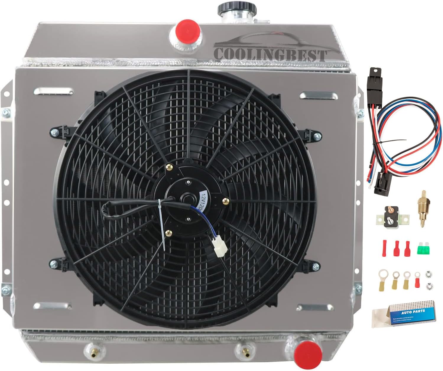 Aluminum Radiator for 1949-1954 Chevy Bel Air Belair Fleetline Styleline Deluxe, 3 Row Radiators with Electric Fan Shroud Thermostat Kit 1950 1951 1952 1953 49 50 51 52 53 54