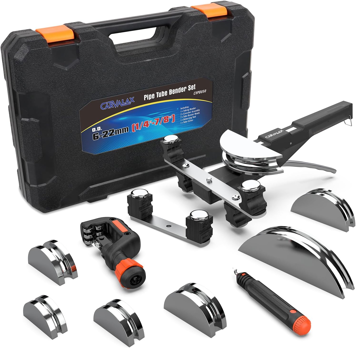 Aluminum Pipe Tube Bender Set,LITE MODEL (No Reverse) with 7 Electroplated Bender Heads, for 1/4” to 7/8” O.D, 90° Ratcheting Tubing Bender for HAVC, Air Conditioning, and Heating Repair