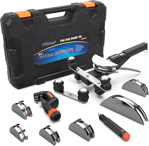 CARVALAX Tube Bender Set, No Reverse, for 1/4” to 7/8” O.D, Silver Head | Lite model 90° ratcheting tubing bender kit, with 7 electroplated bender heads for HVAC, air condition and heating repair