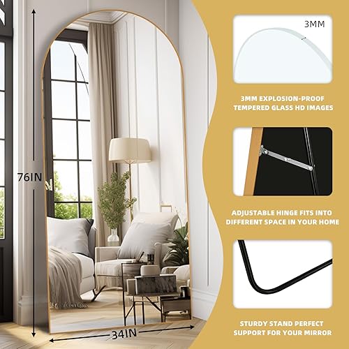Miniatura 2 de Espejo arqueado de longitud completa, espejo de piso de gran tamaño de 76 x 34 pulgadas con soporte, espejo dorado de longitud completa, espejo de