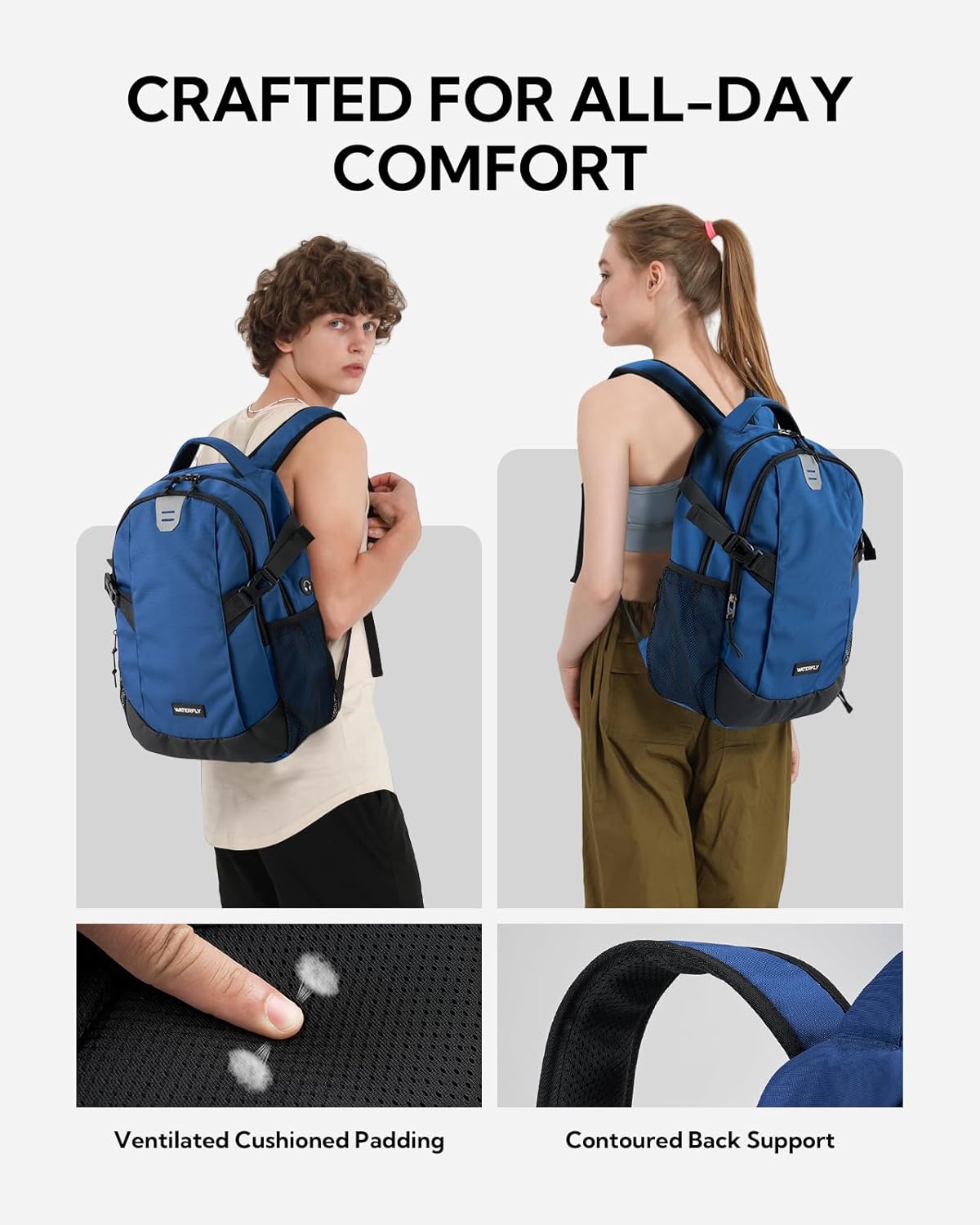 WATERFLY Small Casual Travel Backpack: 20L for Men Women Work Commuter Everyday EDC Daypack Hiking Gym Sport Workout Blue
