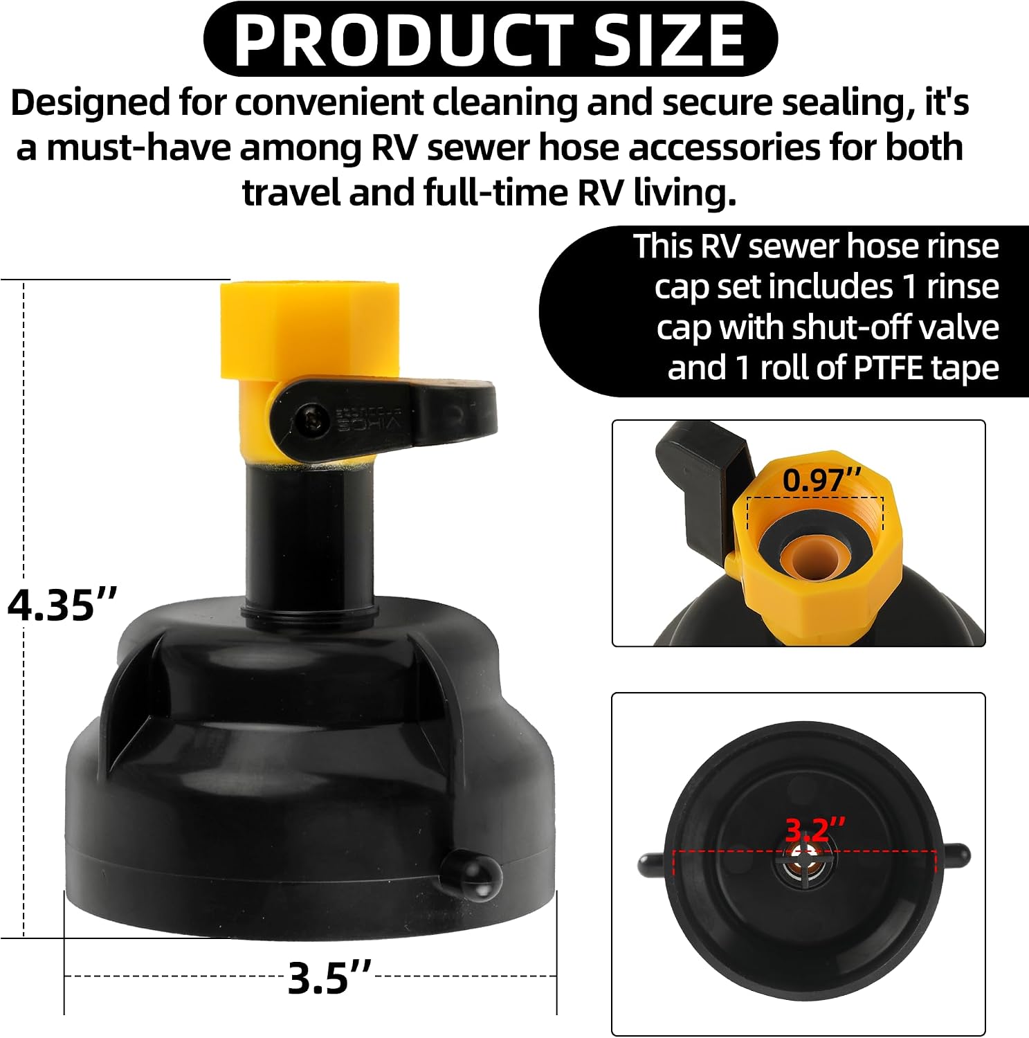 TonGass RV Sewer Hose Rinse Cap with PTFE Tape, RV Sewer Hose Rinse Cap with Easy to Use Water Flow Control Valve for Garden Hoses Fits 3/4 Internal Thread