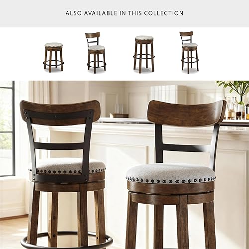 Miniatura 5 de Signature Design by Ashley Valebeck | Taburete de Bar Giratorio de Altura de Pub de 30″ Estilo Granja con Respaldo – Cojín Tapizado, Ribete de