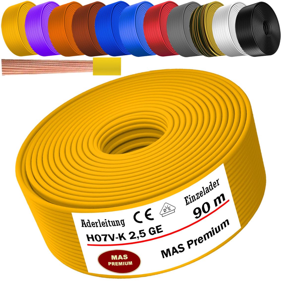 Cable H07 V-K 2,5 mm², color amarillo, cable individual flexible de 5 a 100 m (90 m)