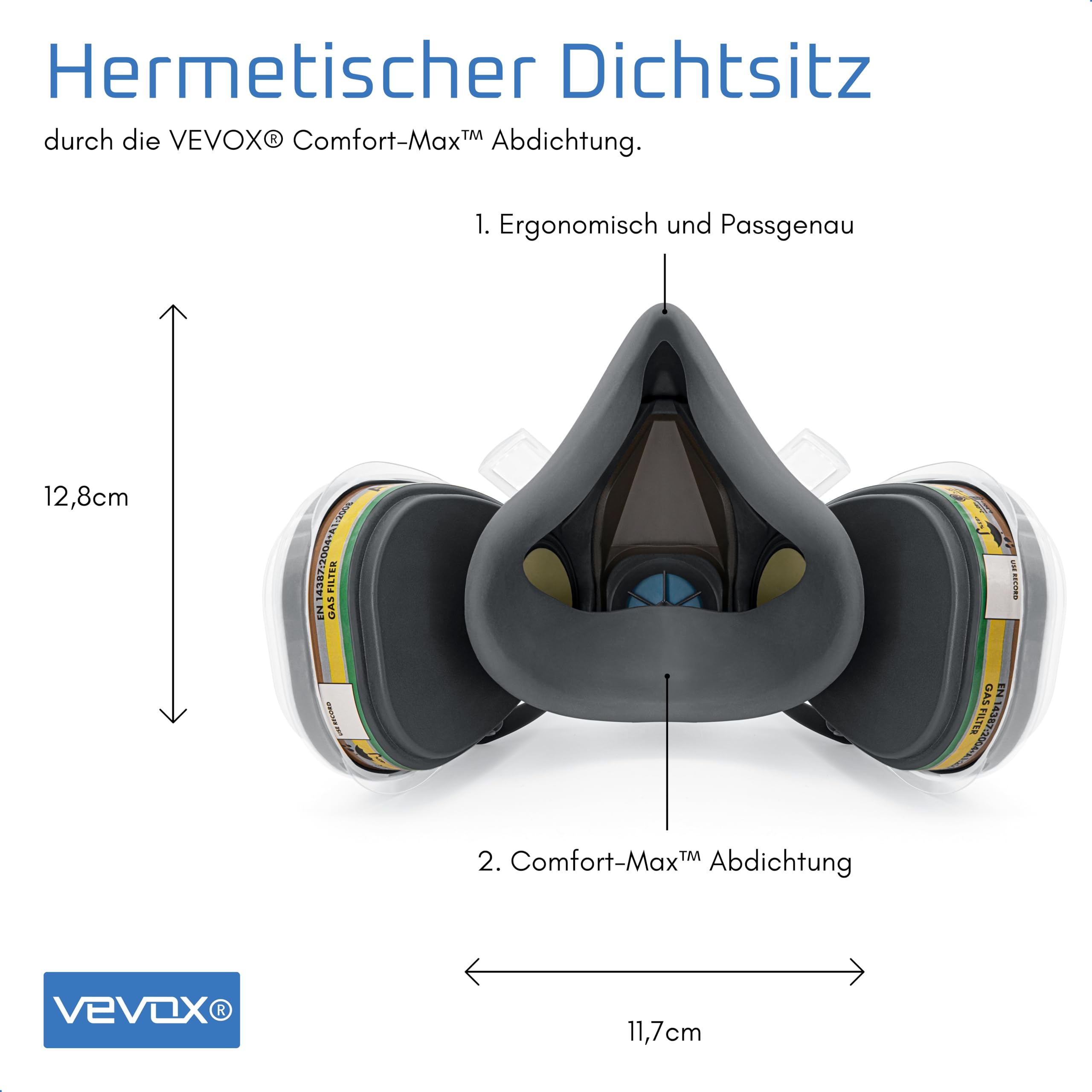 VEVOX® Atemschutzmaske – ABEK1P2 Filter – Schutz gegen Feinstaub, Gase & Dämpfe – Zum Lackieren, Schleifen & Sanieren – Gasmaske, Staubmaske & Lackiermaske – 6x P2 & 2x ABEK1 Filter