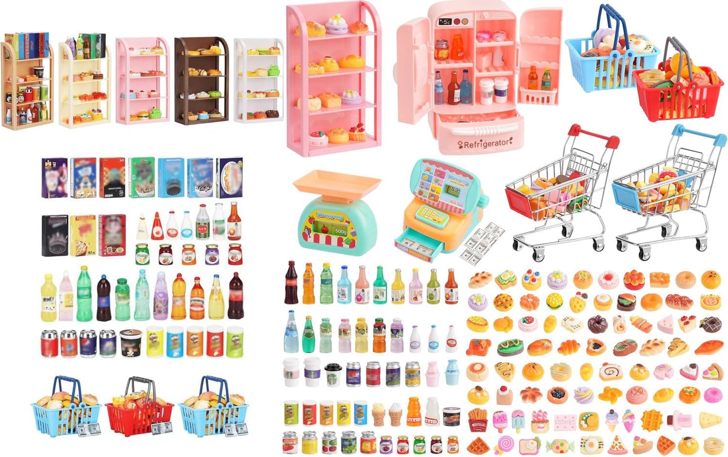 335Pcs Mini Shopping Cart Basket Miniature Food Drink Toy Supermarket Metal Handcart Shelves Cash Register Fridge Food Scale Trolley Dollhouse Store Grocery Accessories Kitchen Play Game Party Model
