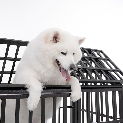 Miniatura 4 de Jaula de perro resistente de 52 pulgadas, jaula grande para perros, perreras y jaulas de metal fuerte para perros grandes con 4 ruedas con cerradura