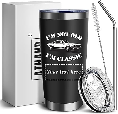 Vaso aislado personalizado con tapa y pajita, de acero inoxidable, con texto en inglés "I'm Not Old I'm A Classic", de 20 onzas, idea de regalo