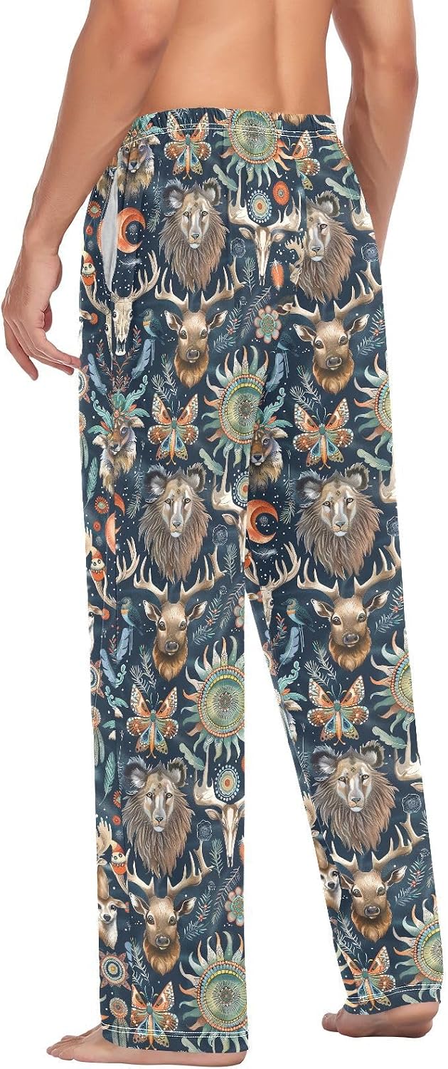 ALAZA Elk Lion Boho Bohemian Men's Pajama Pants Men Cotton Pajama Bottoms with Pockets, S