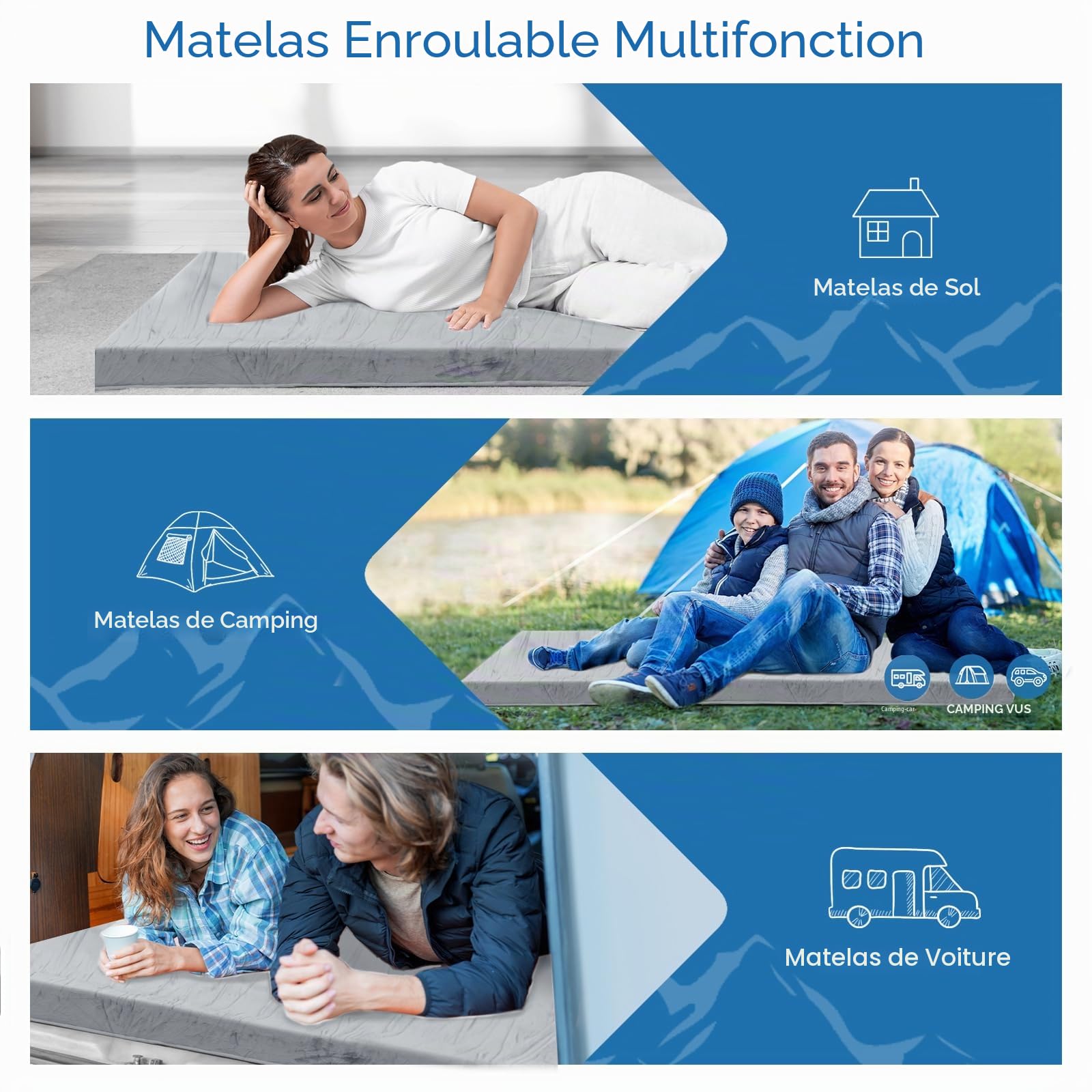 KingChii CertiPUR-US – Matelas de camping en mousse à mémoire de forme de 7,6 cm d'épaisseur, matelas de lit de voyage, lit de sol pour adultes, tapis de couchage portable enroulable avec 2 surmatelas