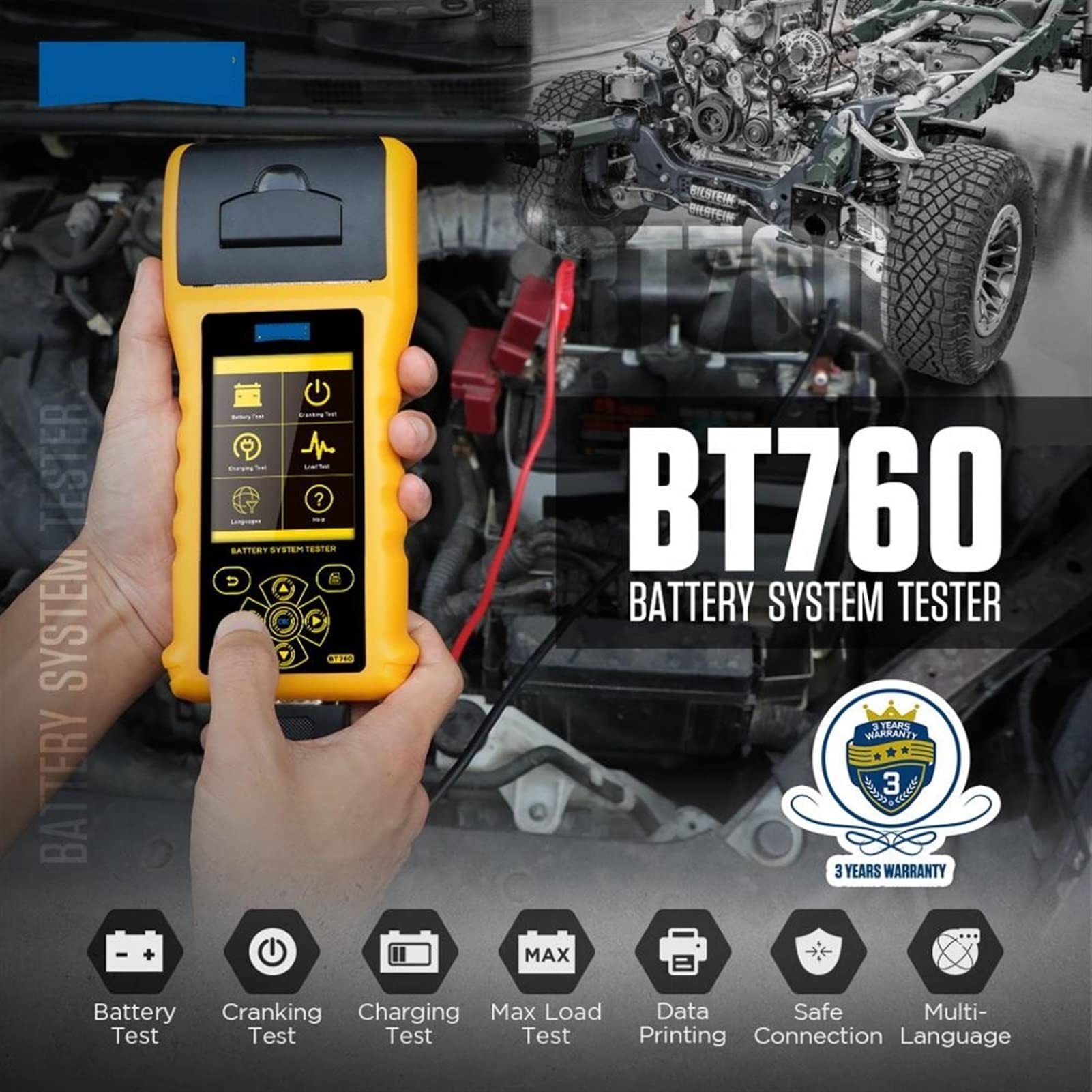 Comprobador de Baterias, BT760 Analizador del probador de batería del coche 1 2V 24V Herramienta de prueba de carga de arranque automático con diagnóstico de impresora for motocicletas de camiones(15
