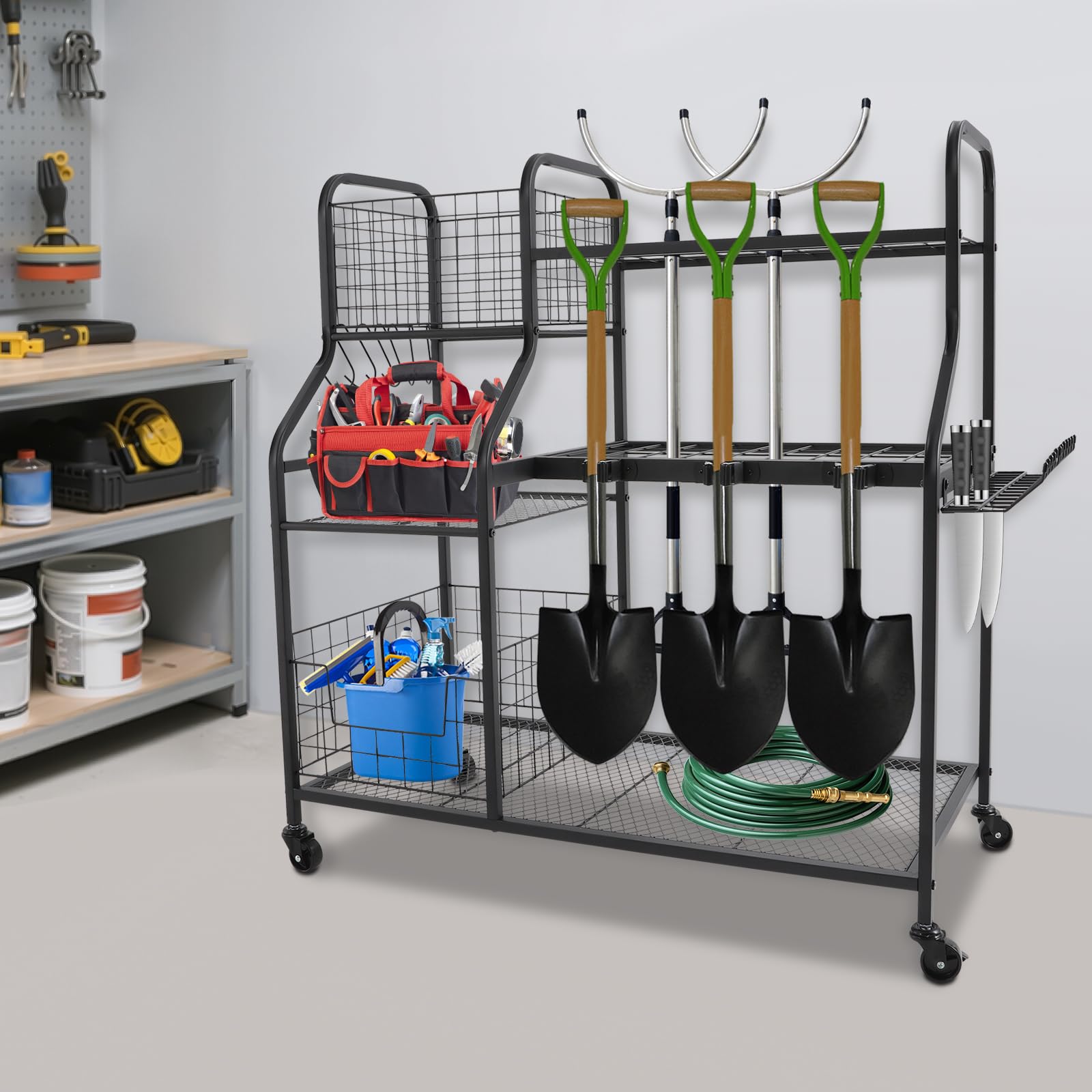 Scaffale per attrezzi da giardino, 36 scomparti, 12 ganci, in acciaio al carbonio, con ruote, portata 40 kg, per giardino, garage, capanno, 91,95 x 41,91 x 94 cm, colore nero