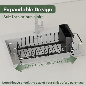 Dish Drying Rack - Aufworld Expandable Small Sink Dish Rack with Silicone Drying Tray, Over Sink Dish Drainer for Kitchen Counter with Utensil Holder, Drain Rack Fit for 14’’-19’’ Kitchen Sink
