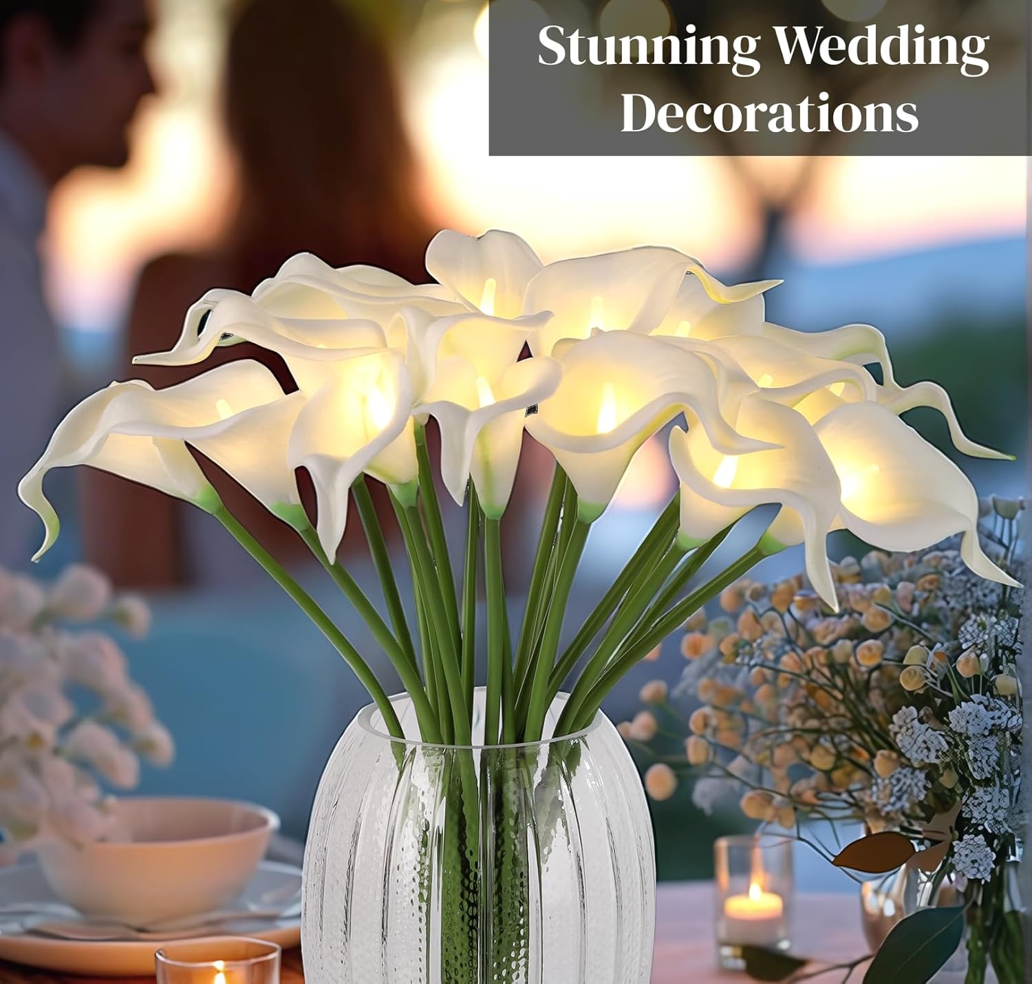 LED Lighted Artificial Flowers Calla Lily Lamp 20 Stems Real Touch Calla Faux Flower Lights for Valentine's Day Gift and Easter Home Kitchen Wedding Dining Table Decor(White) - Image 3