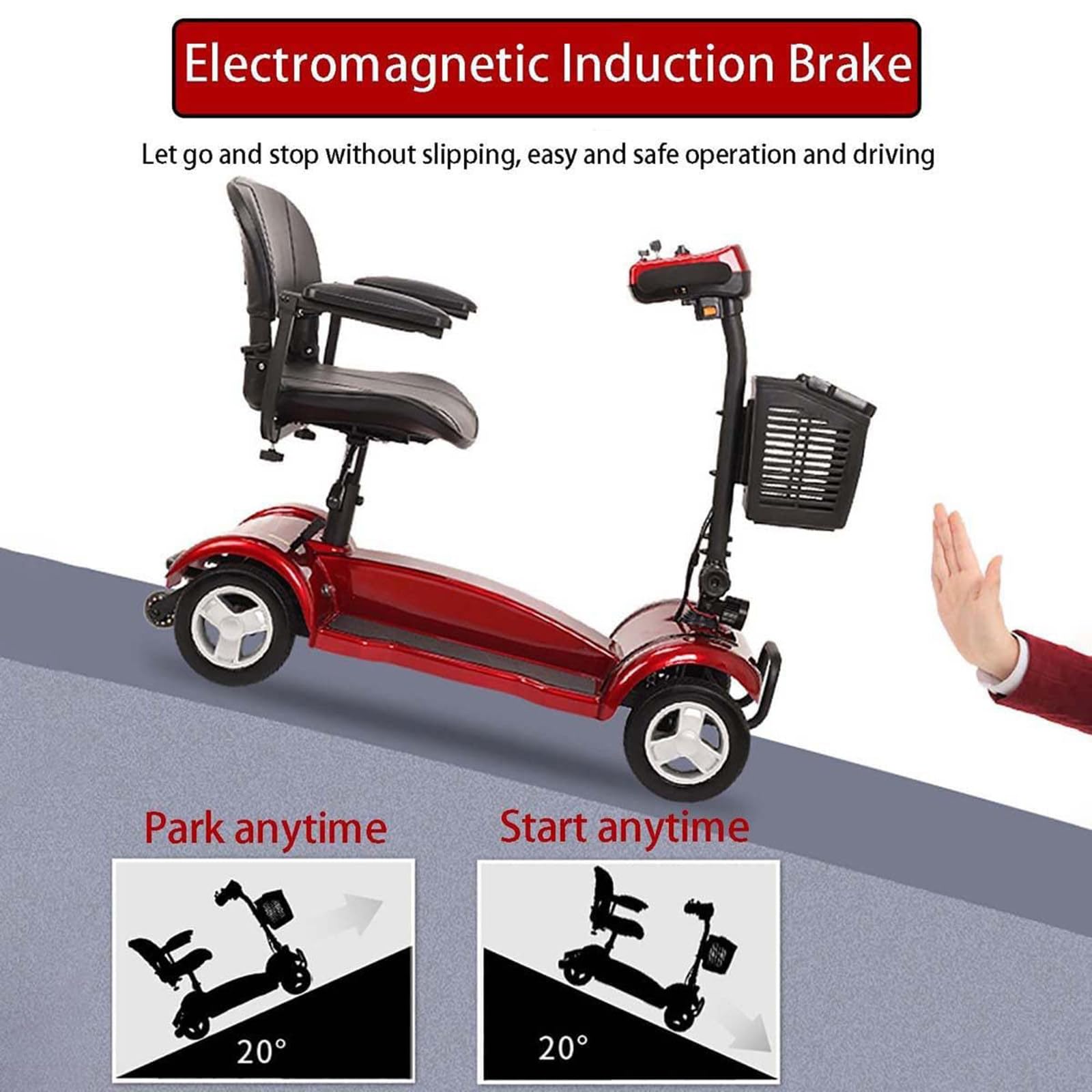 Scooter électrique 4 roues (charge 200 kg) - Siège pivotant à 360° (hauteur réglable), 8 roues + phare LED, poignée anneau + frein électromagnétique, pour personnes âgées, handicapées, adultes, blan