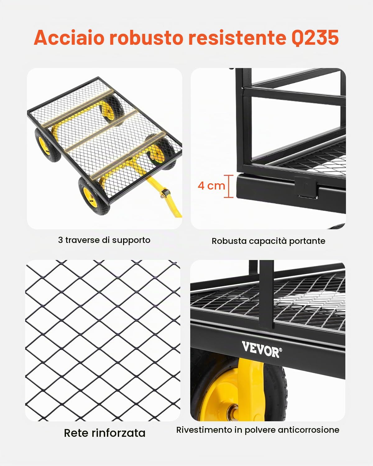 VEVOR Carrello da Giardino in Acciaio 544,31 kg Carrello da Giardino Trainabile per Impieghi Gravosi, Rimorchio da Giardino in Metallo per Esterni con Pneumatici da 330,2 mm Maniglia Girevole a 180°