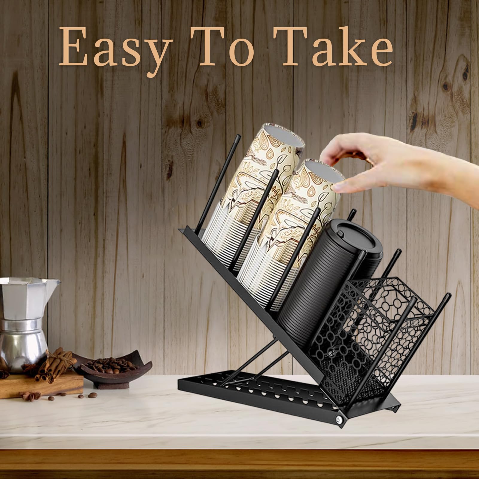 Tefola Soporte para tazas y tapa, dispensador de tazas de café desechable de 4 compartimentos, dispensador de tazas de papel, soporte de almacenamiento para estación de café, bar, encimera, sala de