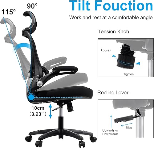 Miniatura 4 de Silla ergonómica de oficina con reposacabezas y soporte lumbar, silla de malla de respaldo alto con brazos abatibles, silla giratoria de escritorio