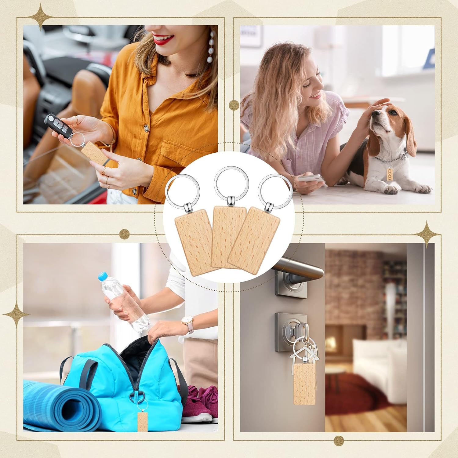 Bucherry 200 Pcs Wooden Keychain Blanks Wood Key Chains Bulk Laser Engraving Wooden Keychain Blanks Unfinished Rectangle Key Ring Tag for DIY Gift Crafts