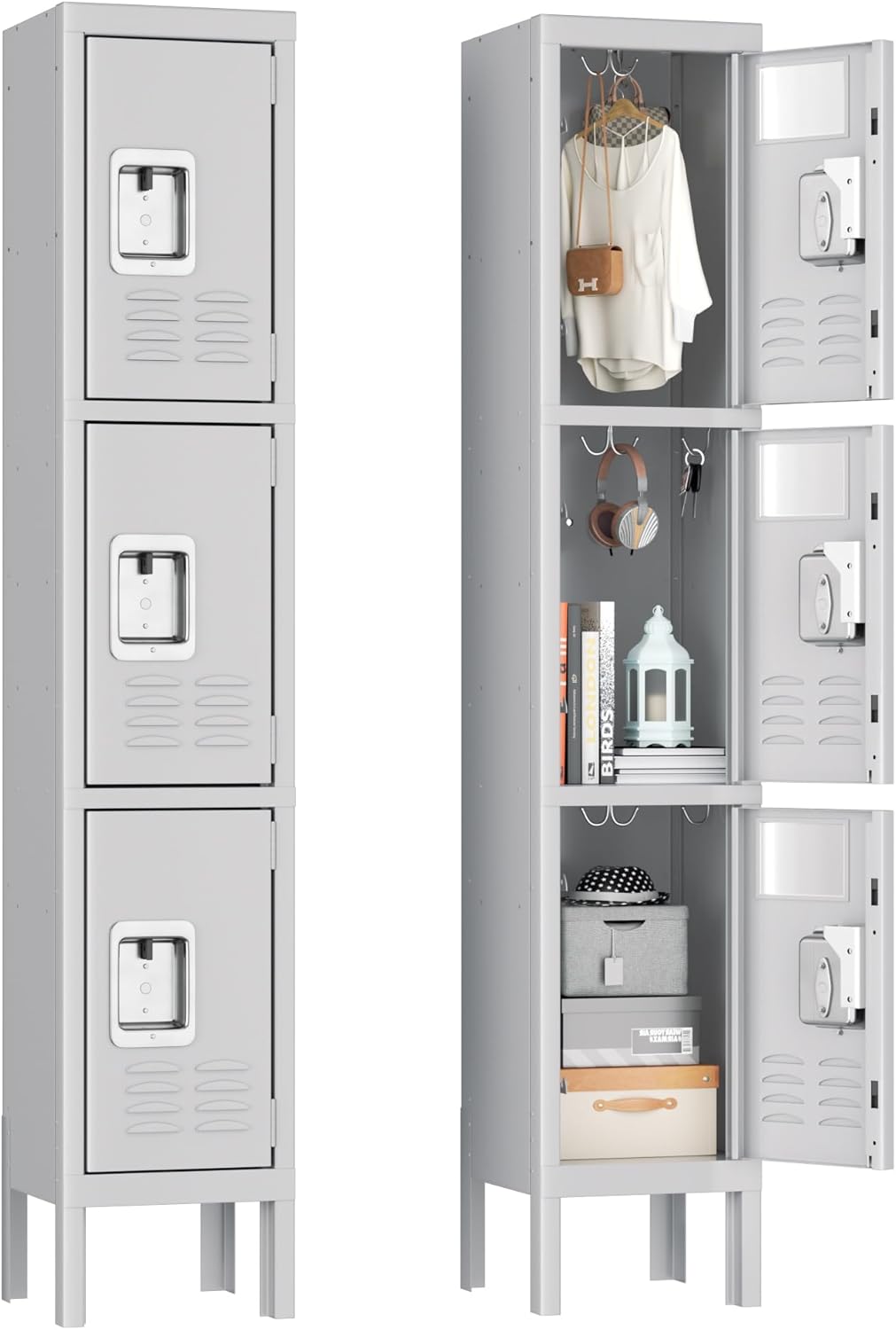 Pataku Metal Lockers for Employees, 3-Tier Storage Locker, Steel Locker Cabinet for School, Home, Gym, Office, Garage with Mirrors, Screwdriver, Gloves, Hooks, Unassembled (Grey,3-Tier)