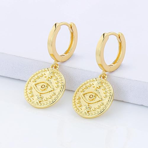 Miniatura 4 de Aretes de moneda de oro para mujer, chapados en oro de 14 quilates, aretes de aro delicados con moneda de dije mal de ojo