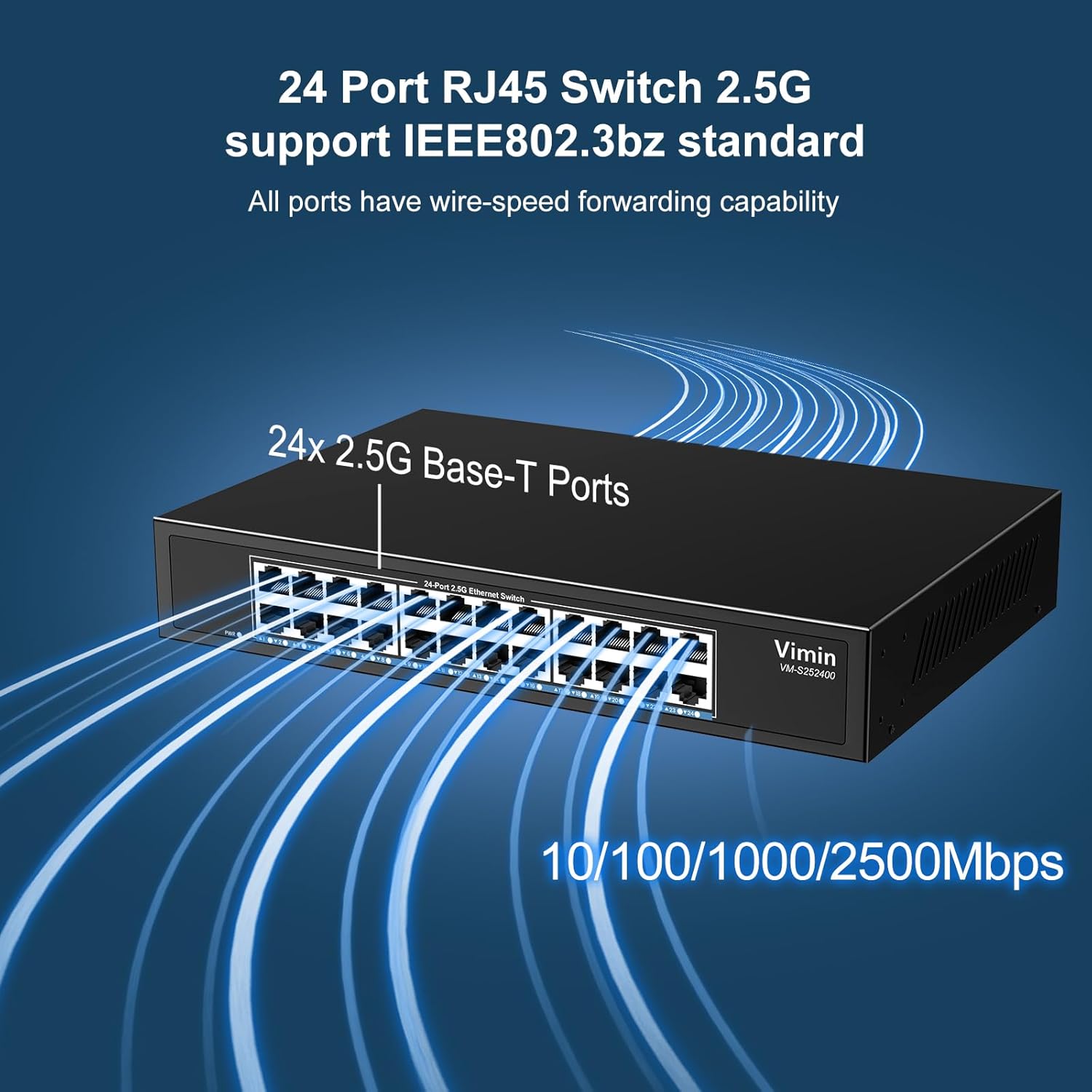 24 Port 2.5G Switch Unmanaged, Vimin 2.5GB Base-T Ethernet Switch, 2.5Gb Network Switch Plug & Play, Compatible with 10/100/1000/2500Mbps, 120Gbps Switching Capacity, Metal Housing, Fanless