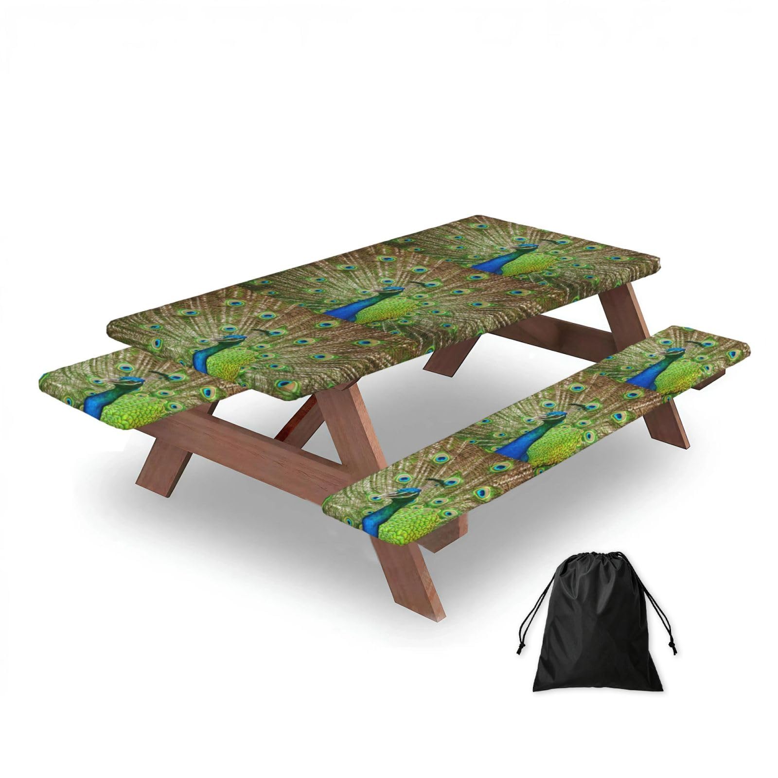Dopklna As Picture Peacock, Picnic Table Cover With Bench Covers -Waterproof Elastic Fitted Tablecloth For Garden Camping Patio 76X152cm