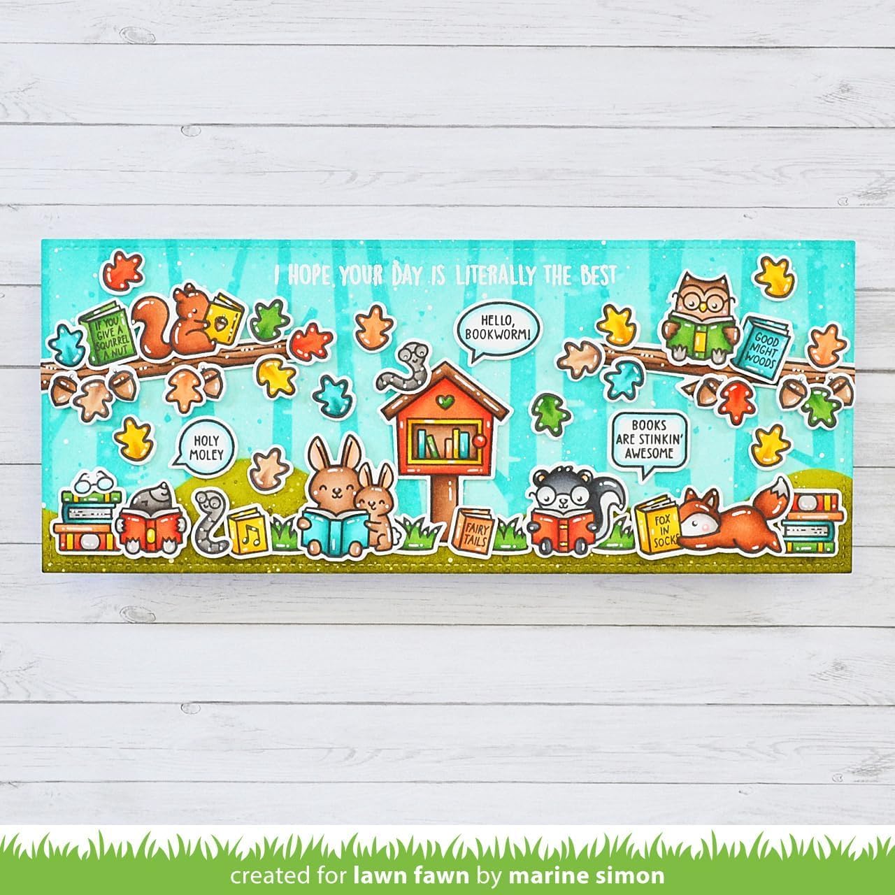 Lawn Fawn Stamp Set Bundle Little Woodland Library Stamp Set - Photopolymer Clear Stamps with Coordinating Custom Craft Die Cuts - with Trebbies Detail Sticks
