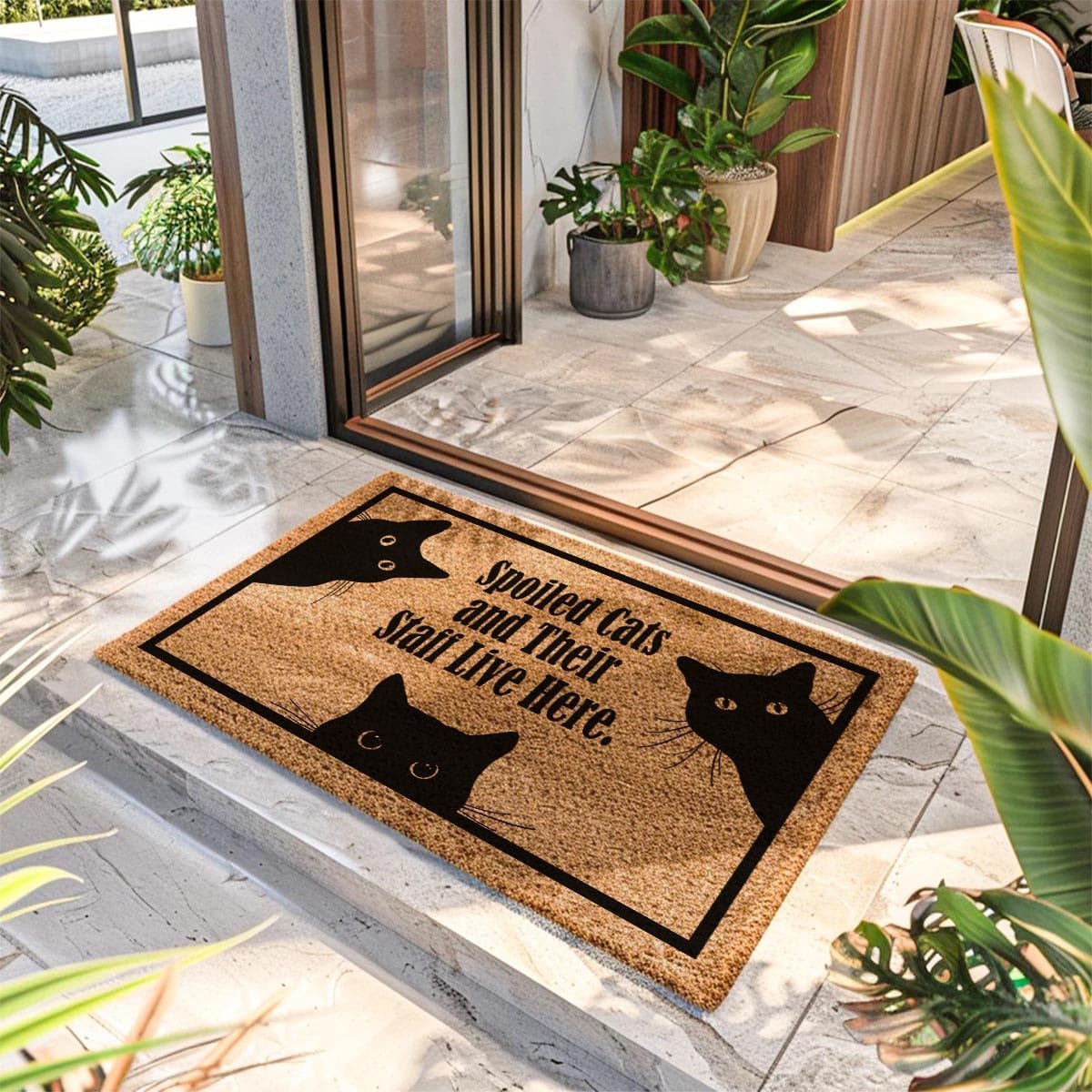 Coir Doormat Spoiled Cats and Their Staff Live Here, Small, Brown, Rustic, 23.6 x 15.7 inches