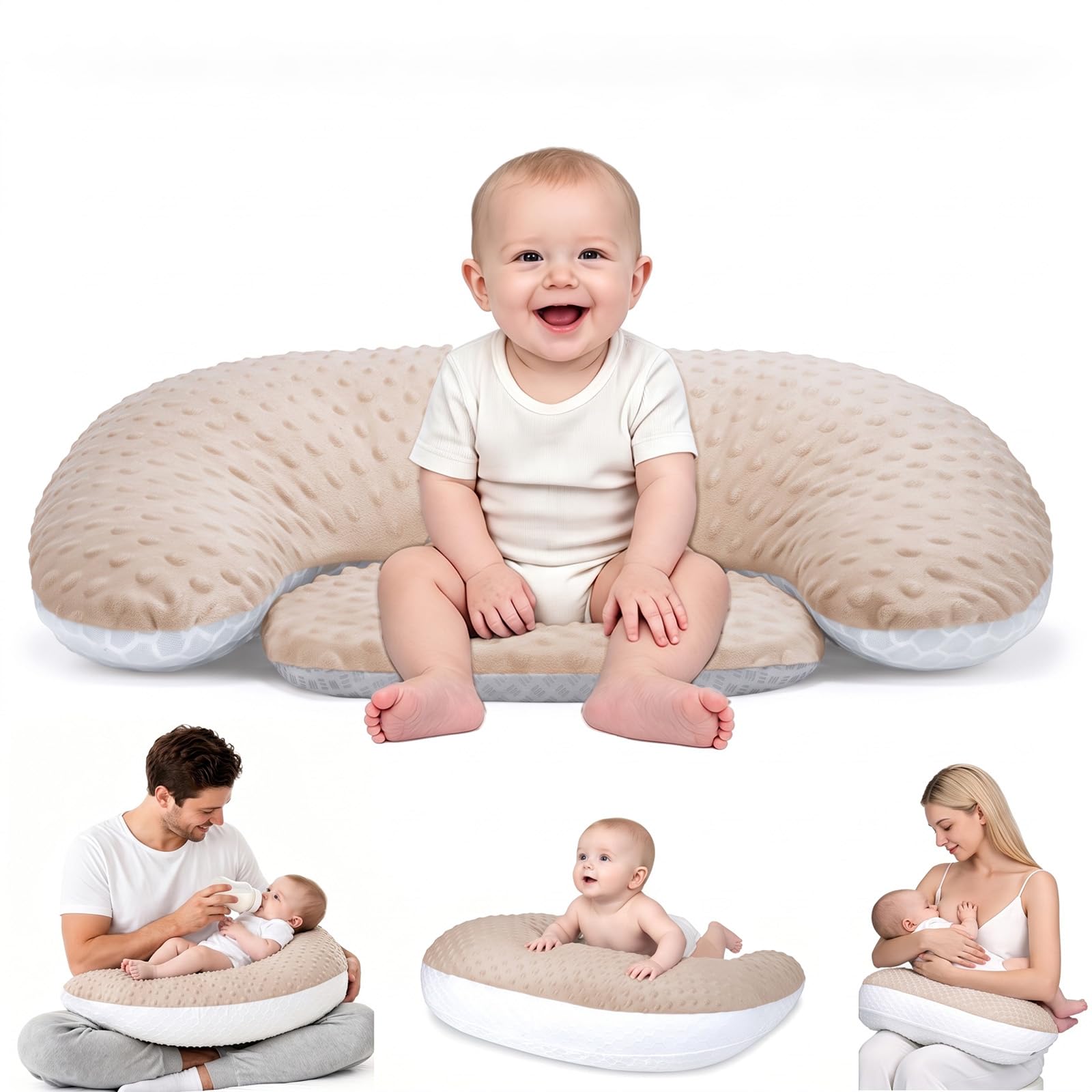 Topchances Multi-Functional Nursing Pillow,3D Fleece/Mesh Pillowcase,With Large C-Shaped Opening,Includes A Non-Slip Seat Cushion,A Gift For Mom-Removable And Washable Feeding Pillow（Brown,1pc）