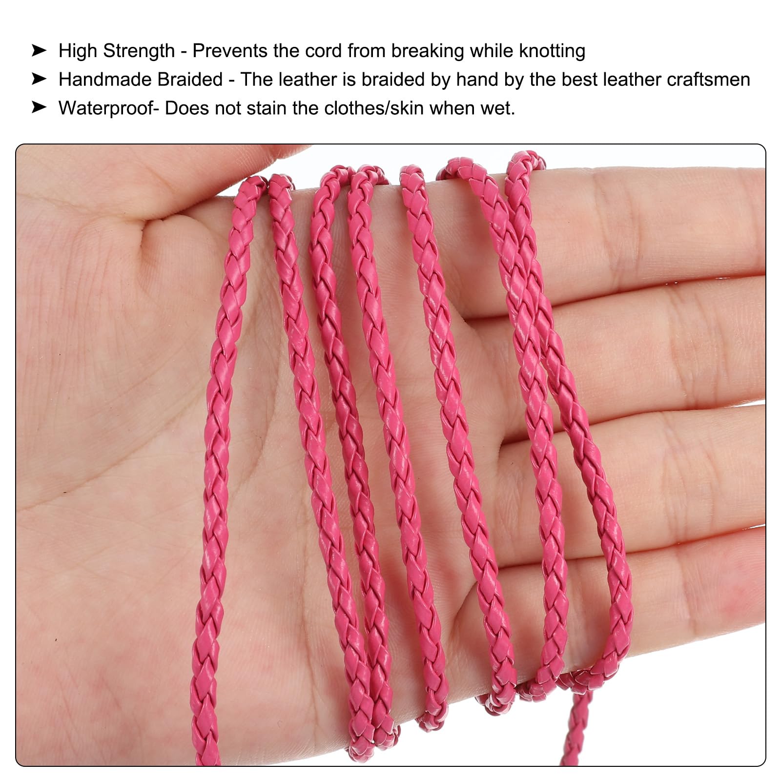 QUARKZMAN Cordoni in Pelle Intrecciata, Cinghia in Pelle Rotonda, Corda in Pelle Morbida per la Creazione di Gioielli, Realizzazione di Cravatte, Collane (3mm, 2 Iarde, Rosso Rosa)