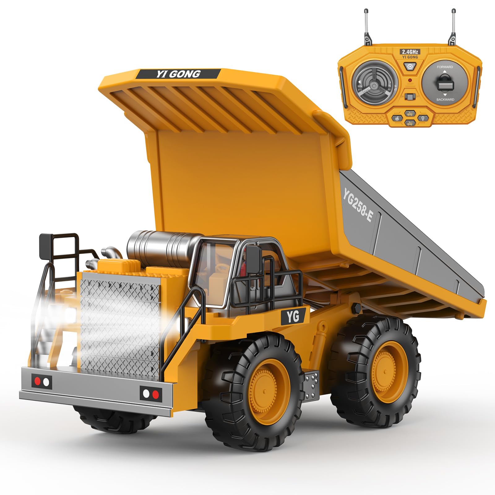 RC Dump Truck Toy for Kids with 45 Lifting Alloy Dump Bed Yellow 1:20 Scale RC Dump Truck