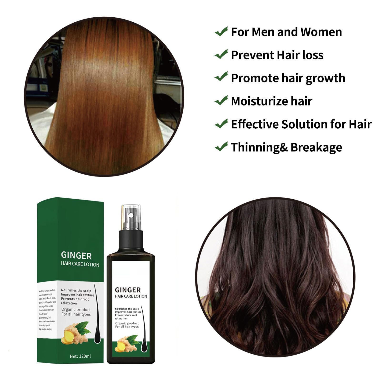 Spray Nourrissant Au Gingembre 120ml, Sérum De Croissance Des Cheveux Au Gingembre, Volume & Brillance, Pour Cheveux Fins Et Secs, Réparateur Nettoyant En Profondeur