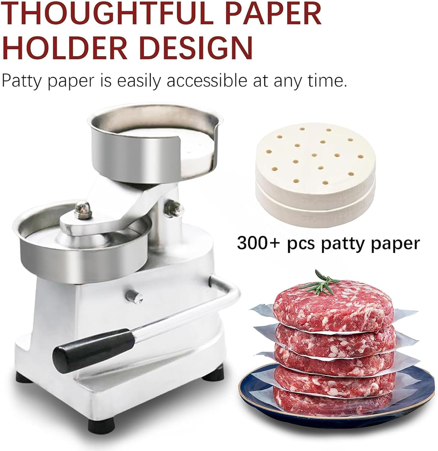 Heavy Duty Burger Patty Maker - Stainless Steel Bowl Press with Anti-Slip Handle & 500 Dividing Papers, Perfect for Homemade Hamburger Patties, BBQ, and Meal Prep