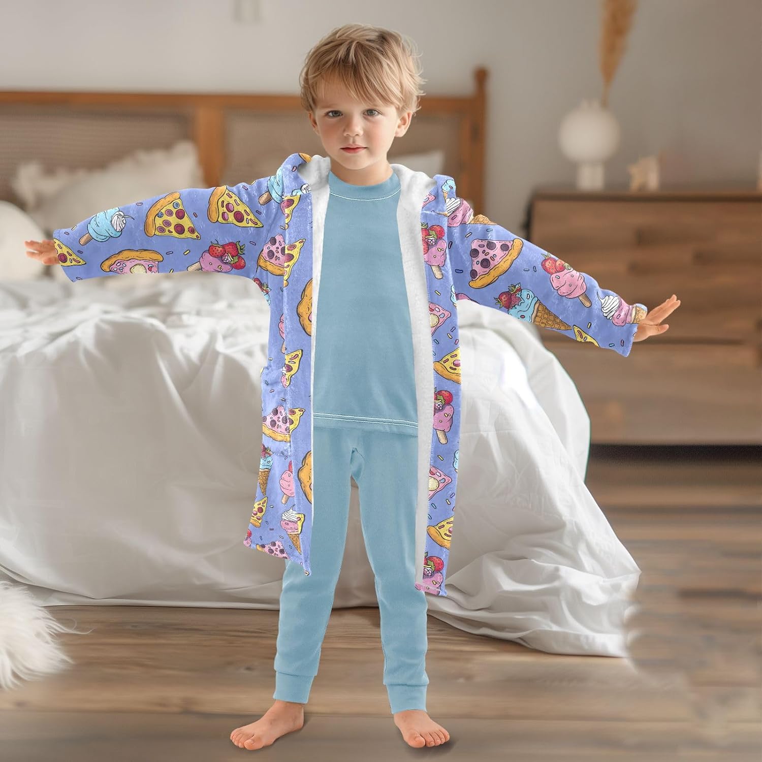 senya Ice Cream with Pizza Toddler Hooded Bathrobe Kids Soft Plush Bath Towel Robes for Boys Girls 2-12 Years