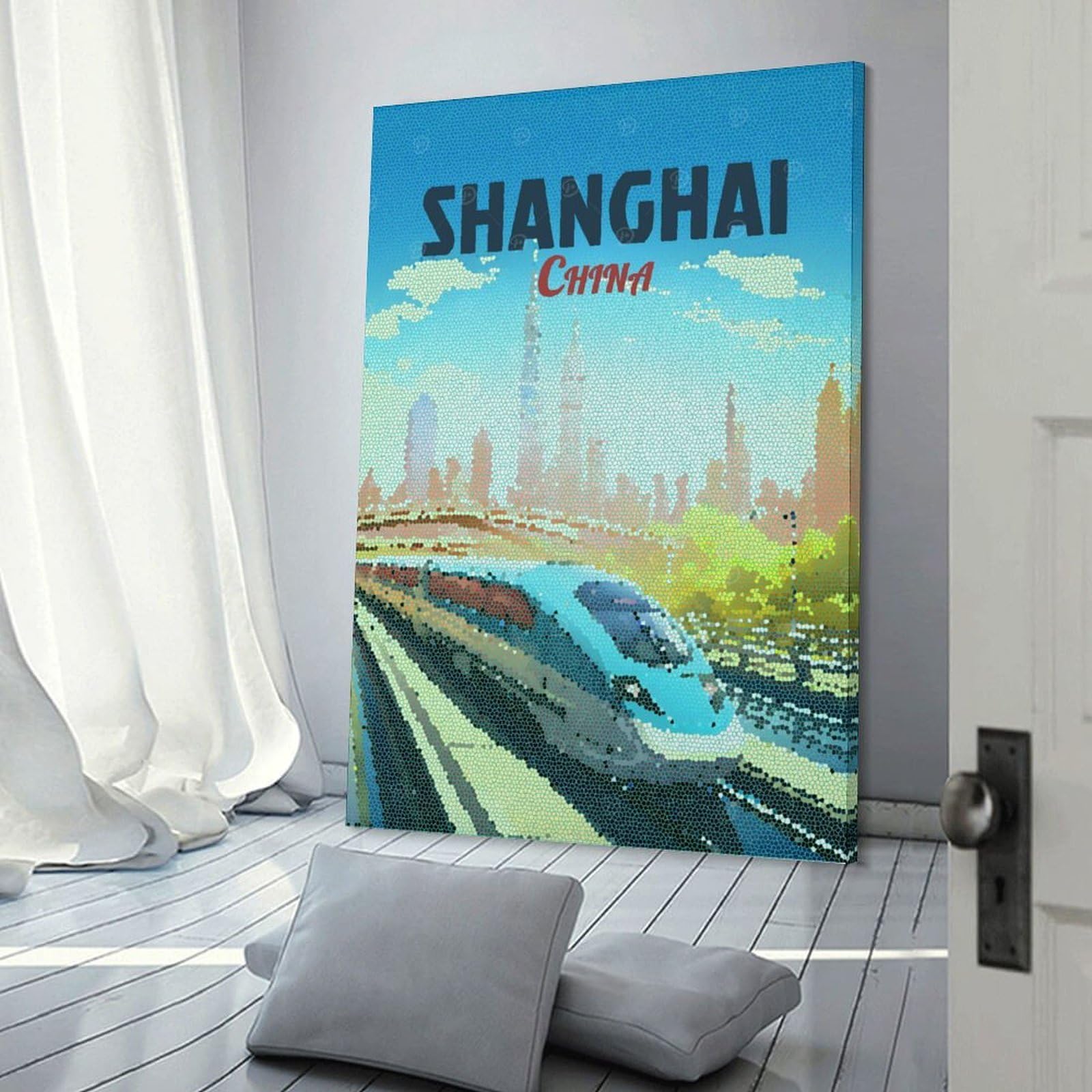 Junmoney Shanghai China Mosaic Travel Canvas Wall Picture, 24x36inch(60x90cm), for Bedroom Walls, Guest Spaces Or Lounges, Stylish Decor for A Restful Room Update