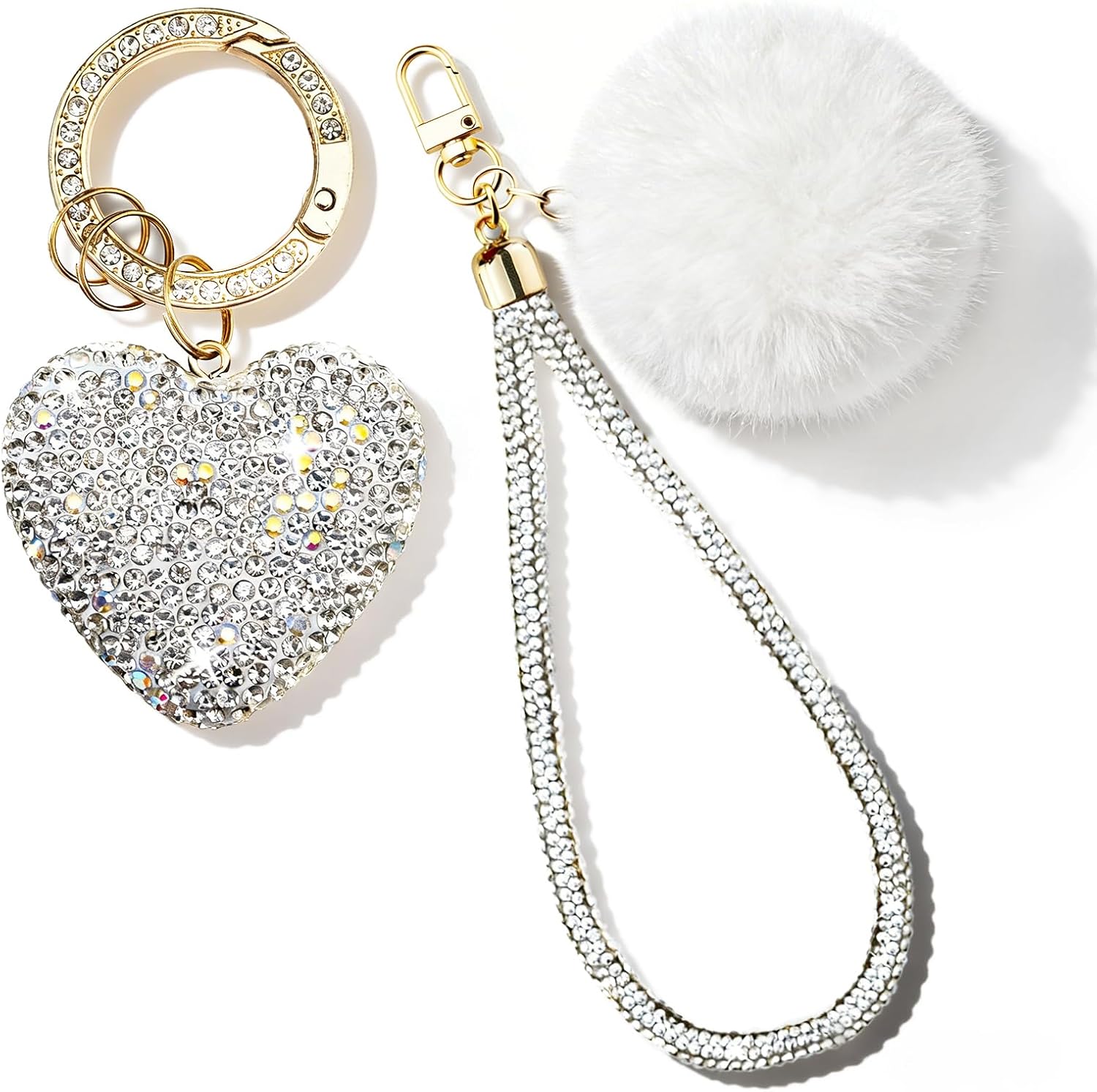 Cute Heart Keychains for Women & Girls, Bling Bag Charms with Wristlet Keys, Purse Charms for Handbags, Pompom Key Chain