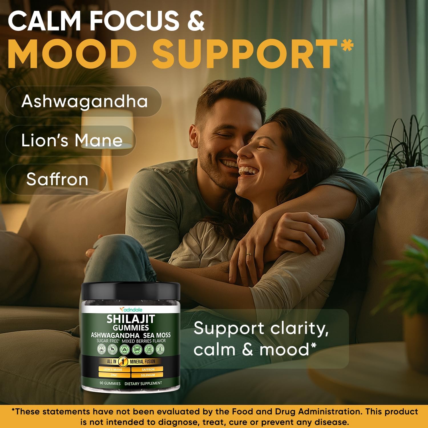 Adndale Himalayan Natural Shilajit Gummies for Men & Women, Sugar-Free Mixed Berries Flavor - with Ashwagandha, Sea Moss, Lion’s Mane & Saffron + Zinc & Selenium - 90 Gummies (45 Servings)