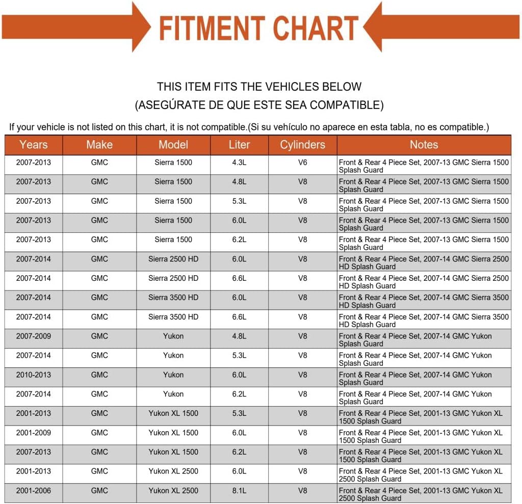 Replacement Splash Guard Mud Flaps 12 inch Front and Rear Set of 4 for GMC Sierra Yukon XL