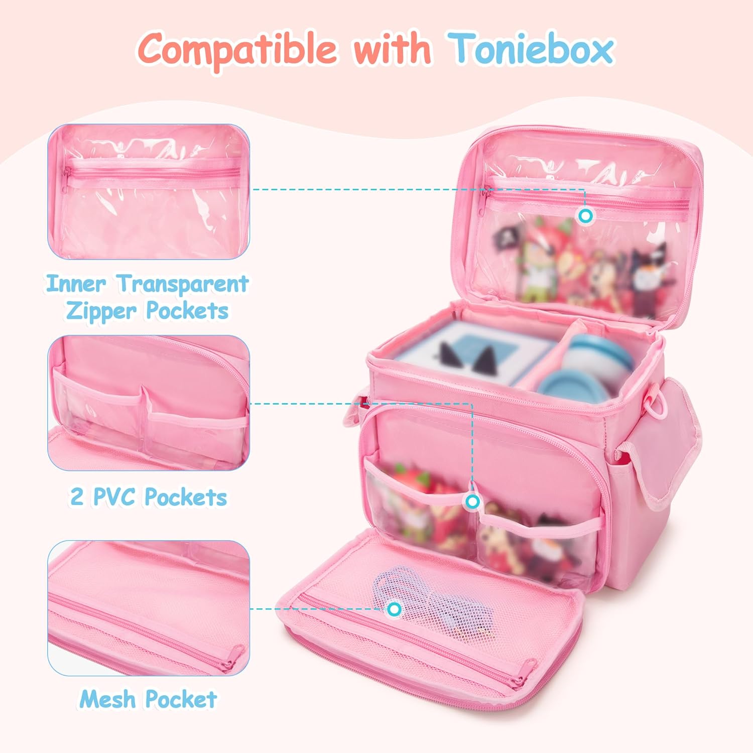 Carrying Case Compatible with Tonies 2/1, Storage Bag Organizer for Audio Player Starter Set, Figures, Headphones, Charging Station, Accessories, with Shoulder Strap and Handle, Pink (Case Only)