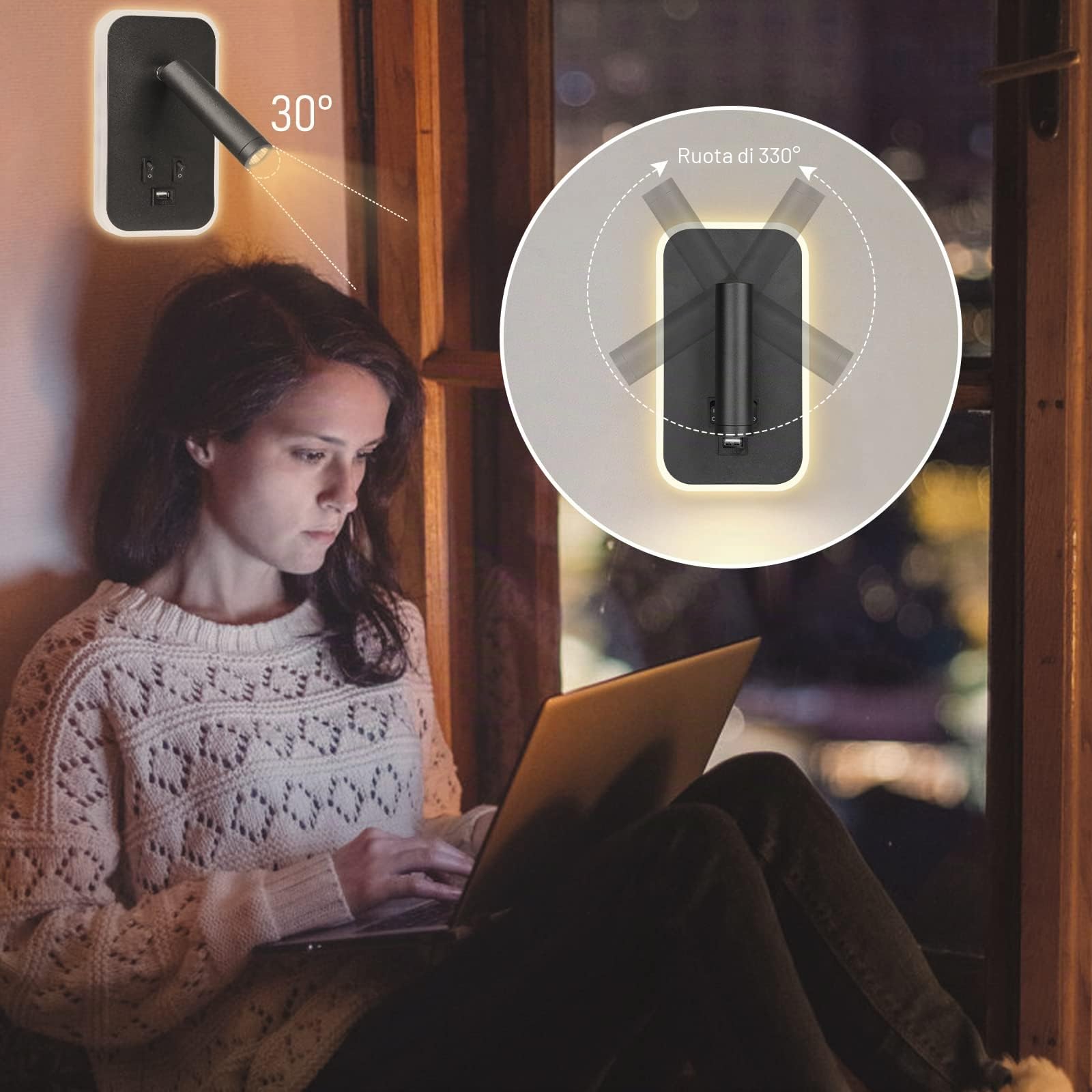 Lampada da comodino, 2 x applique da parete a LED con interruttore e ricarica USB, 3 W + 9 W, 3000 K, fissaggio a parete, faretto girevole, luci da parete, letto, lampada da parete, corridoio