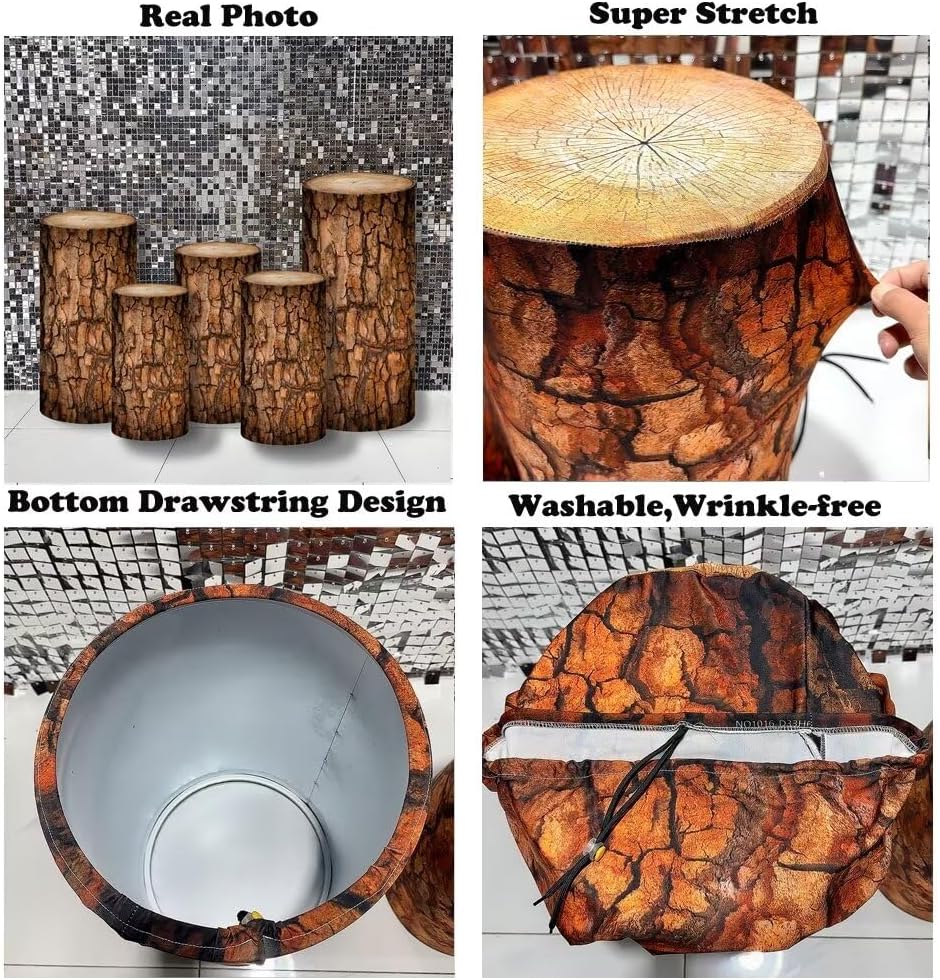 1set Spandex Pillar Covers Wood Grainy Texture Cylinder Pedestal Stands Cover - 5 Pcs -Tree Bark Covers Only- Cylinder Pedestal Stands Excluded (NO-1016)