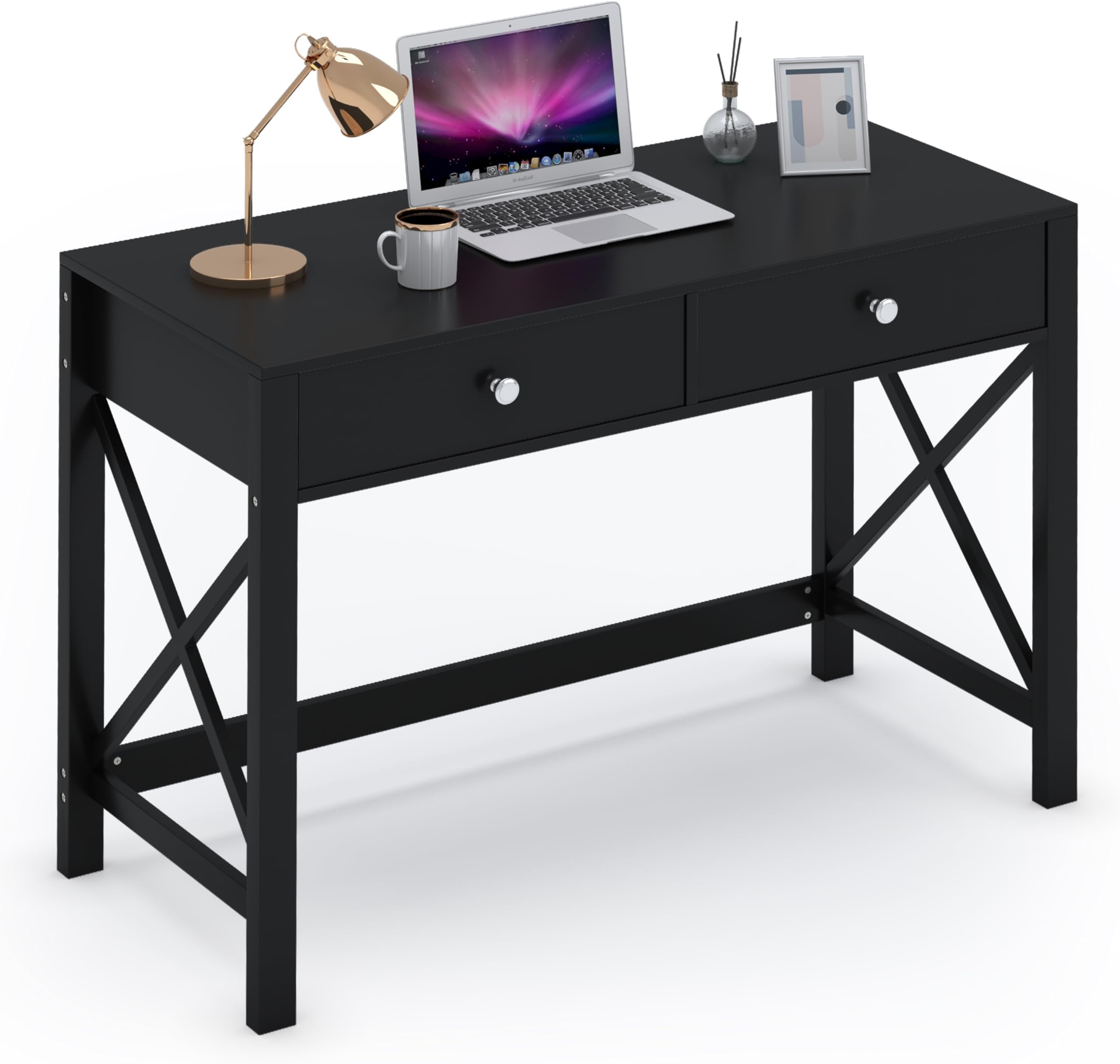 WiberWi Home Office Desk with Drawers, Modern Writing Computer Desk for Bedroom, Small Makeup Vanity Table Study Table for Home Office,Black