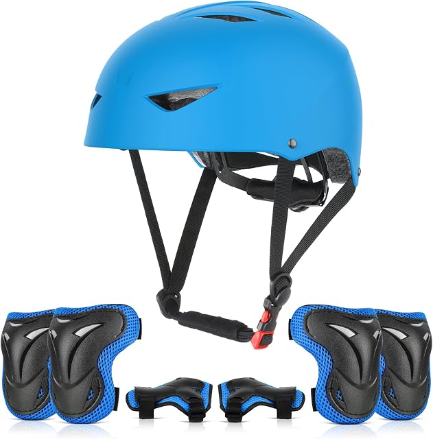 ValueTalks Kids Helmet and Pads Set Age 5-15 Years Kids Skateboard Helmet Knee Pads Elbow Pads Wrist Pads for Roller Scooter Cycling Skating
