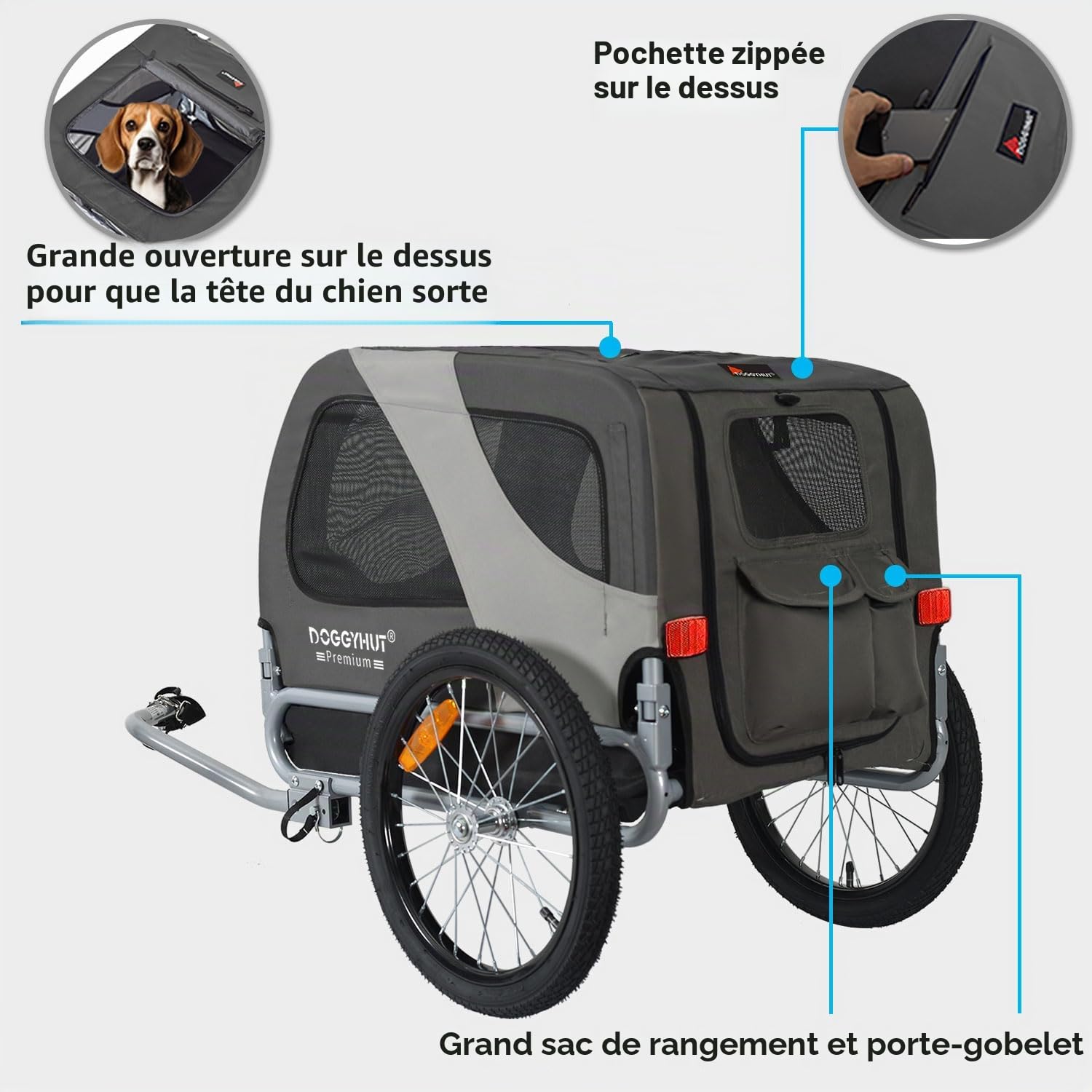 DOGGYHUT® Remorque de vélo pliable de qualité supérieure pour chien jusqu'à 23 kg
