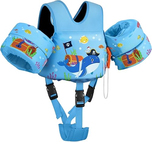 Miniatura 22 de MoKo Chaleco de natación para niños de 15-30-50-66 libras, flotadores de brazos de charco de dibujos animados con correa de entrepierna, flotadores