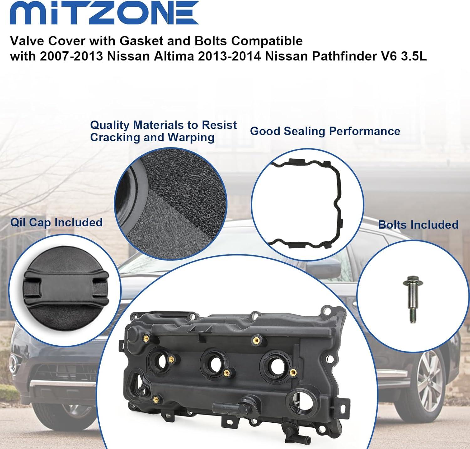 MITZONE Valve Cover Kit with Gasket and Bolts Compatible with 2007-2013 Nissan Altima 2011-2014 Nissan Pathfinder Quest 2011-2014 Infiniti QX60 JX35 V6 3.5L